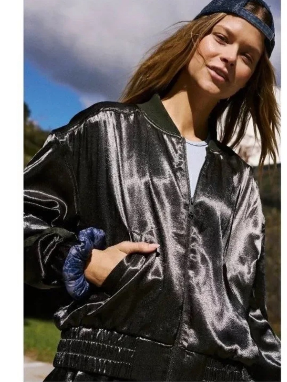 Free People Movement Relay Olive Zip Up Satin Bomber Running Athleisure Jacket